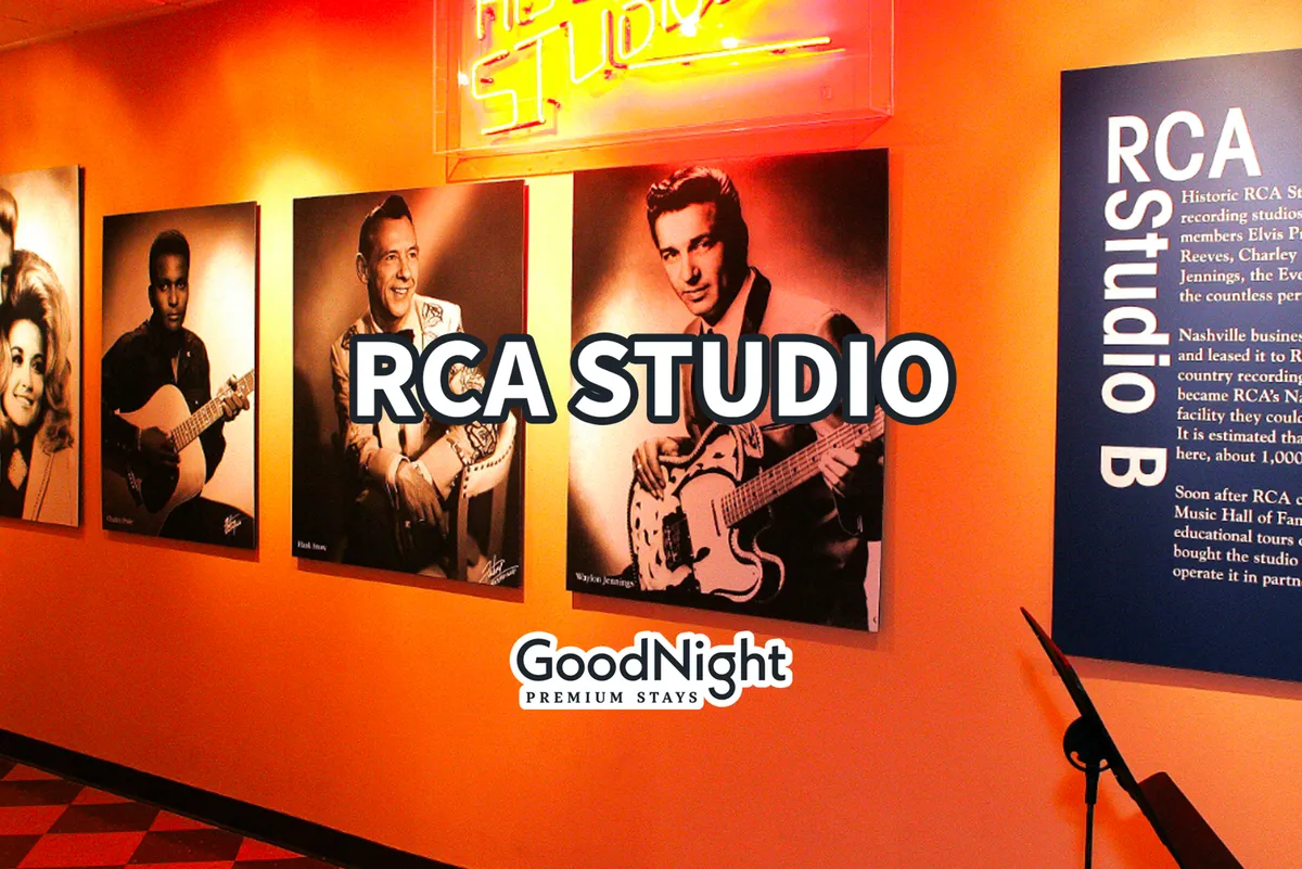 This image captures the iconic ambiance of RCA Studio, featuring portraits of famous musicians, the recognizable RCA Studio sign, and an informative plaque. The scene evokes a sense of Nashville’s storied music history and the allure of legendary recording spaces.